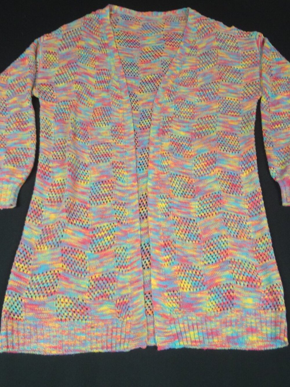 RAINBOW COLORFUL OPEN FRONT CARDIGAN WOMENS MEDIUM CHECKERED HOLES PATTERN L636